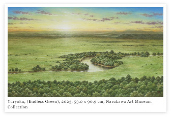 Right: Hagurosan (Mt. Haguro) by Junzo Yotsuda, 218.0 x 174.5 cm, 1996, 81st Inten Exhibition Left: Sanjorudi no Hi (Day of Saint Jordi) by Emiko Yuguchi, 90.9 x 60.6 cm, 2024 Both from the Narukawa Art Museum Collection